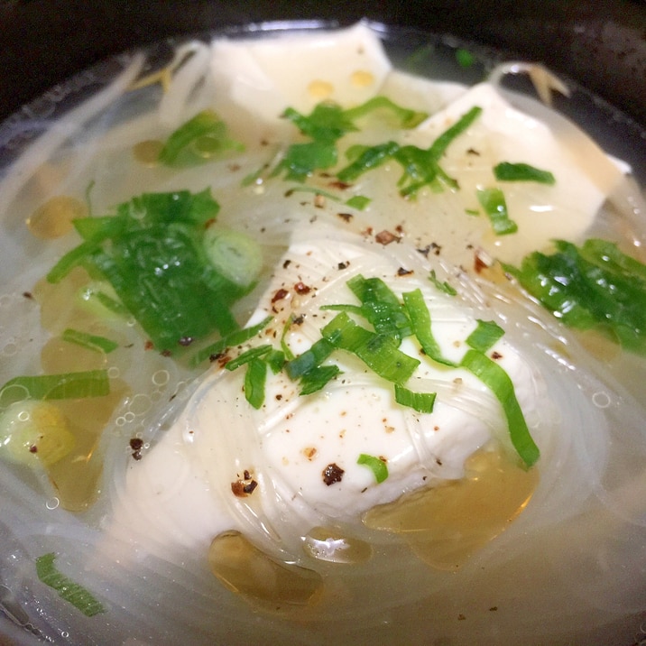 包丁いらず、レンチン即席!春雨と豆腐の中華スープ
